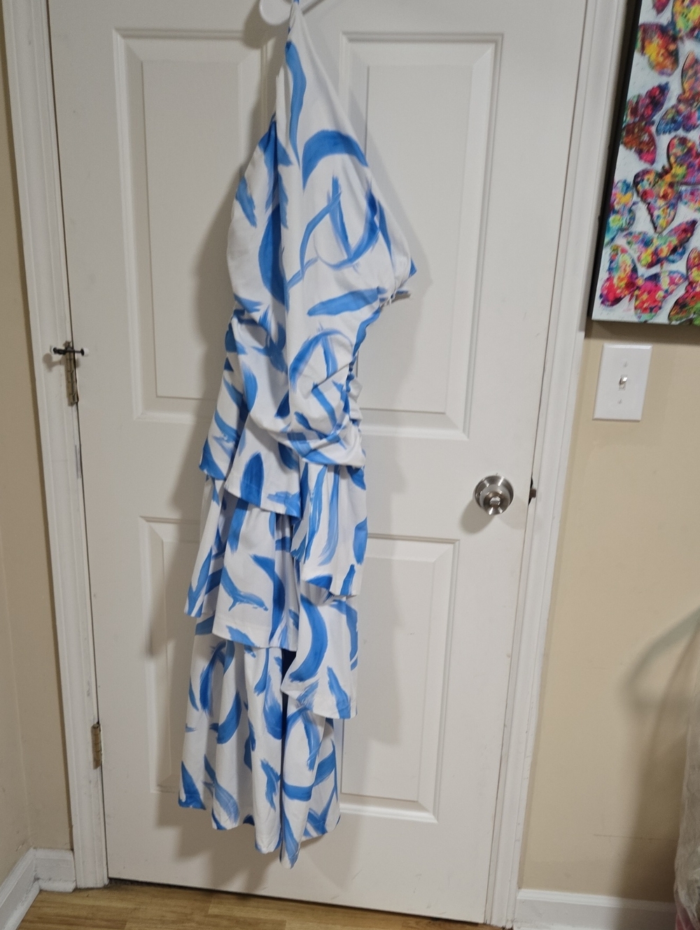 White and Blue Ruffle One Shoulder Dress